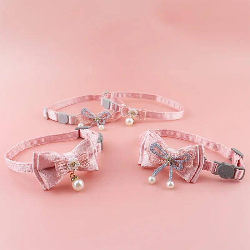 Pink Lace Cat Collar with Bell – Cute Pet Choker with Bow & Beads | Stylish Dog & Cat Accessories
