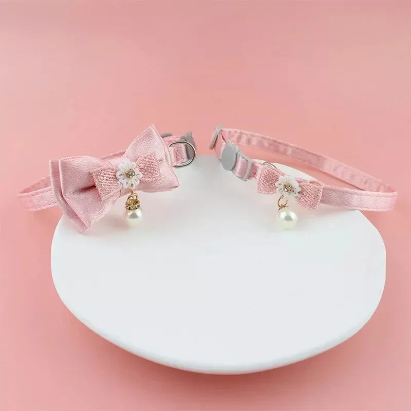 Pink Lace Cat Collar with Bell – Cute Pet Choker with Bow & Beads | Stylish Dog & Cat Accessories