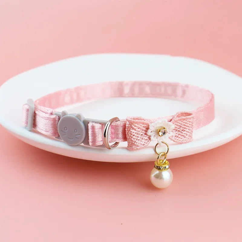 Pink Lace Cat Collar with Bell – Cute Pet Choker with Bow & Beads | Stylish Dog & Cat Accessories