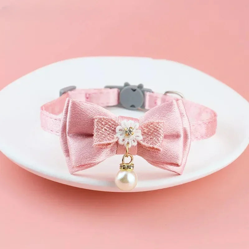 Pink Lace Cat Collar with Bell – Cute Pet Choker with Bow & Beads | Stylish Dog & Cat Accessories