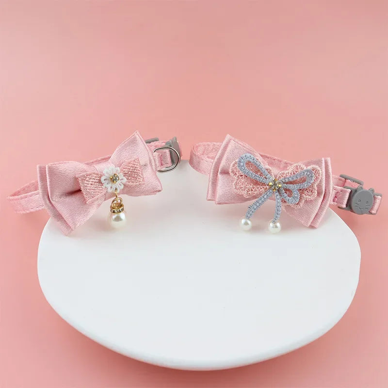 Pink Lace Cat Collar with Bell – Cute Pet Choker with Bow & Beads | Stylish Dog & Cat Accessories