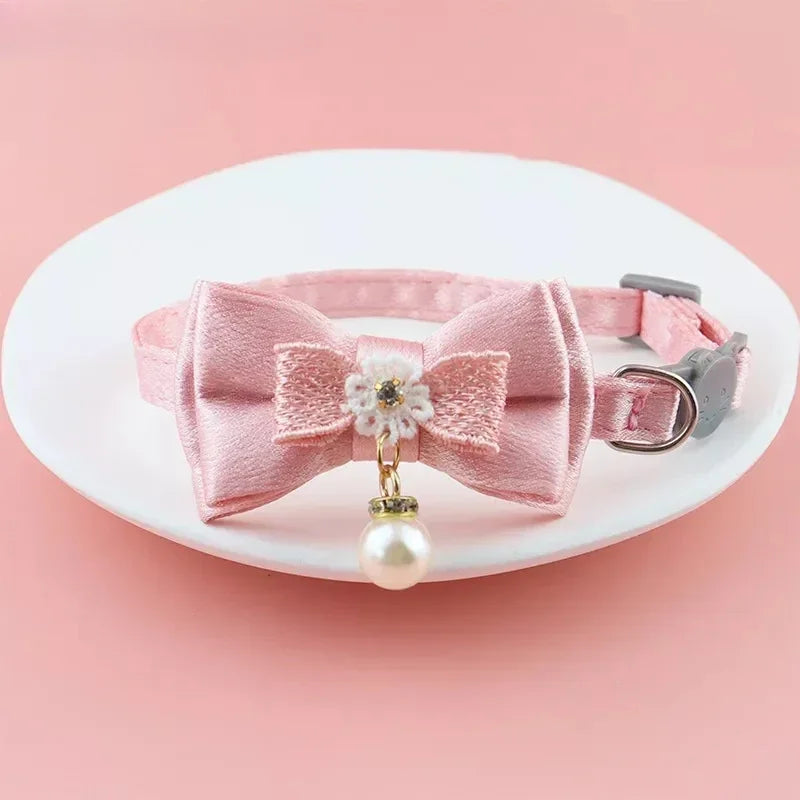 Pink Lace Cat Collar with Bell – Cute Pet Choker with Bow & Beads | Stylish Dog & Cat Accessories
