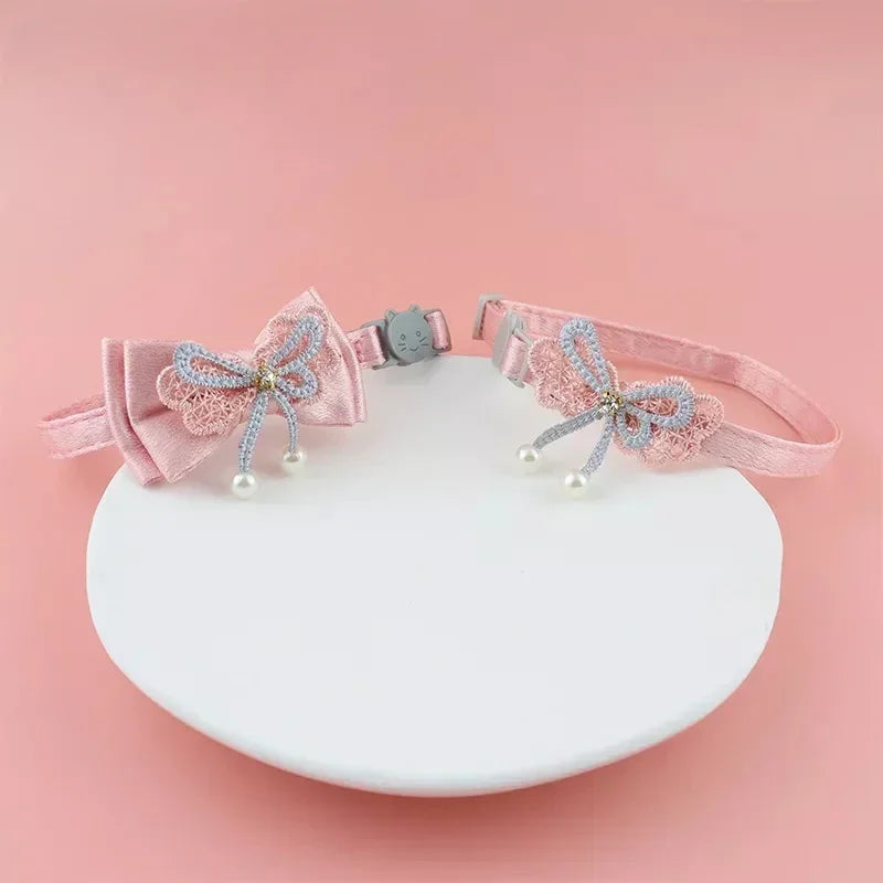 Pink Lace Cat Collar with Bell – Cute Pet Choker with Bow & Beads | Stylish Dog & Cat Accessories