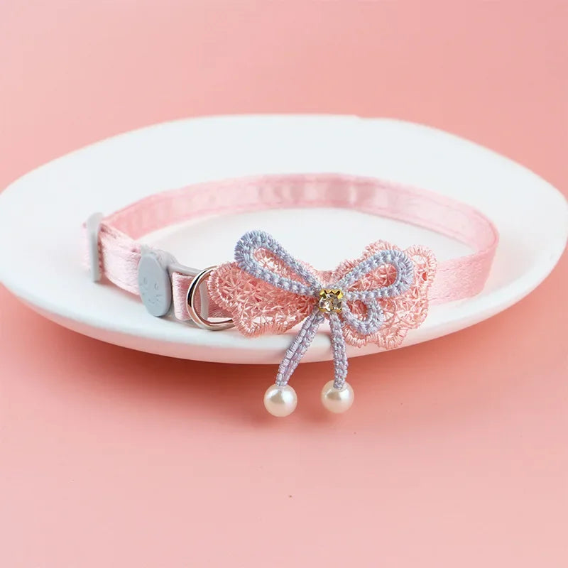 Pink Lace Cat Collar with Bell – Cute Pet Choker with Bow & Beads | Stylish Dog & Cat Accessories