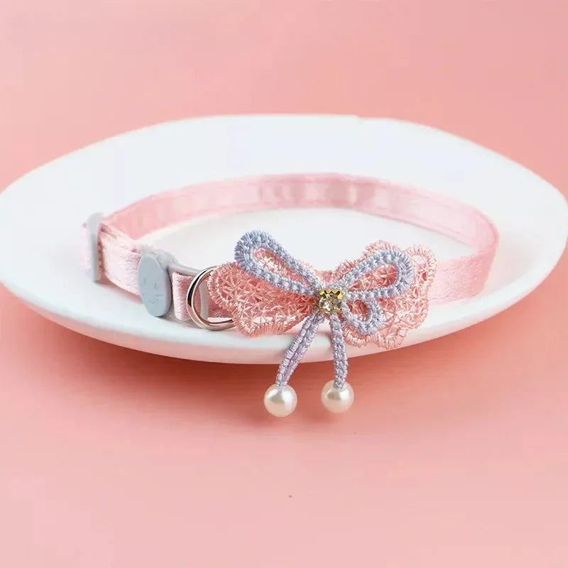 Pink Lace Cat Collar with Bell – Cute Pet Choker with Bow & Beads | Stylish Dog & Cat Accessories